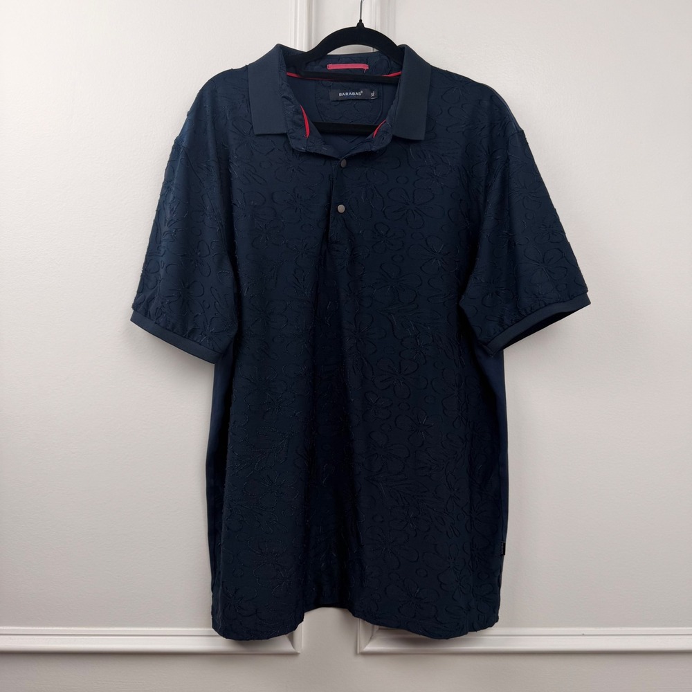 Barabas Mens Navy Blue Floral Embroidered Short Sleeve Polo XL Cotton Blend